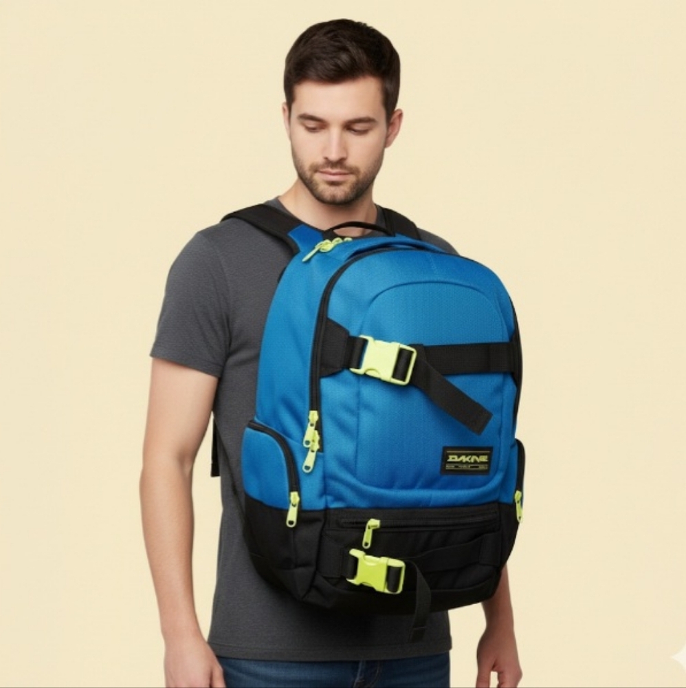 DAKINE BLUE BACKPACK WITH LIME GREEN ACCENTS-GREAT FOR SCHOOL OR TRAVEL LIKE NEW - Picture 3 of 3